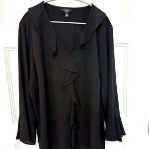 Size 2X - Black Ruffle Blouse, 3/4 Sleeve